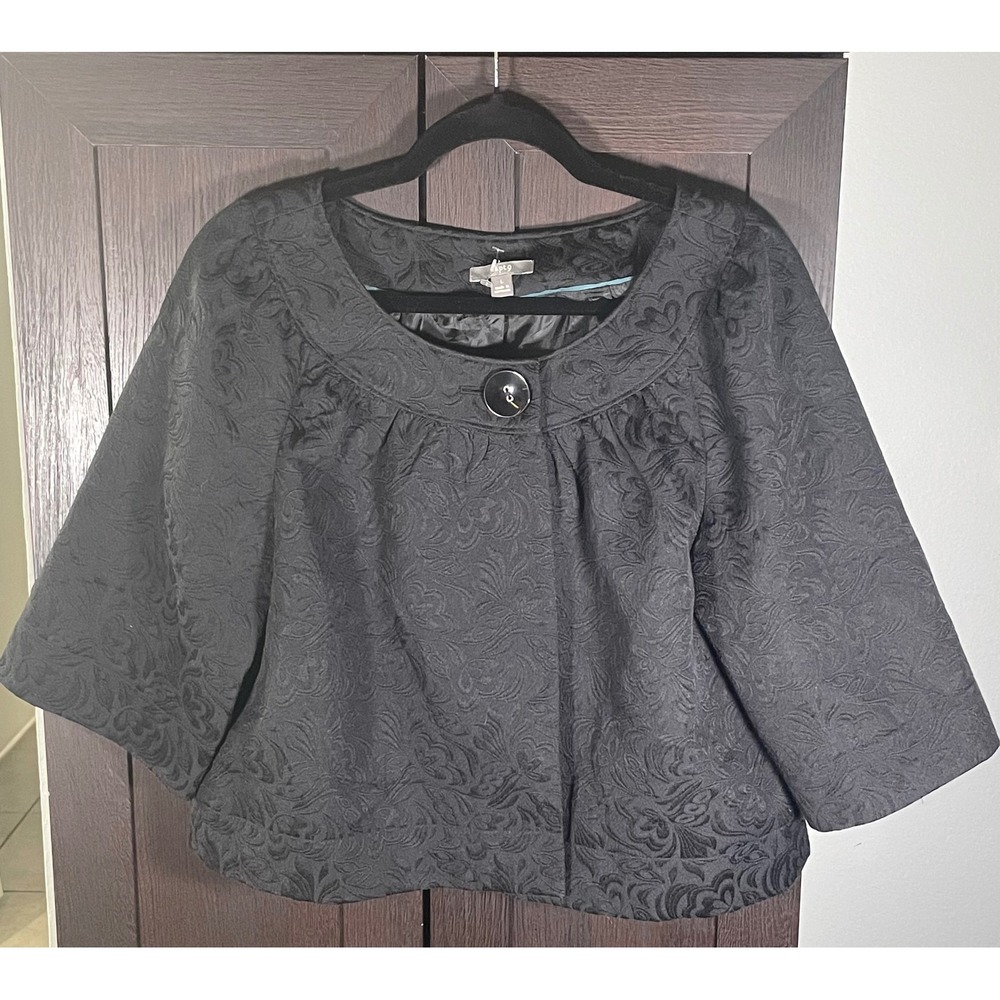 Apt. 9 Black Jacquard Floral Cropped Bolero Jacket Large 3/4 Sleeve Button Up